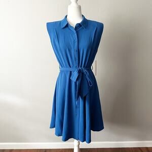 Calvin Klein Blue Button Front Structured Shoulder Tie‎ Waist Dress Size 8 NEW